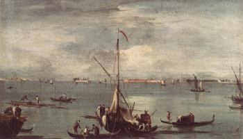Francesco Guardi : The Lagoon with Boats Gondolas and Rafts